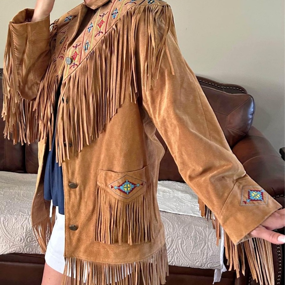 Embroidered Fringe Suede Leather Jacket - Tan